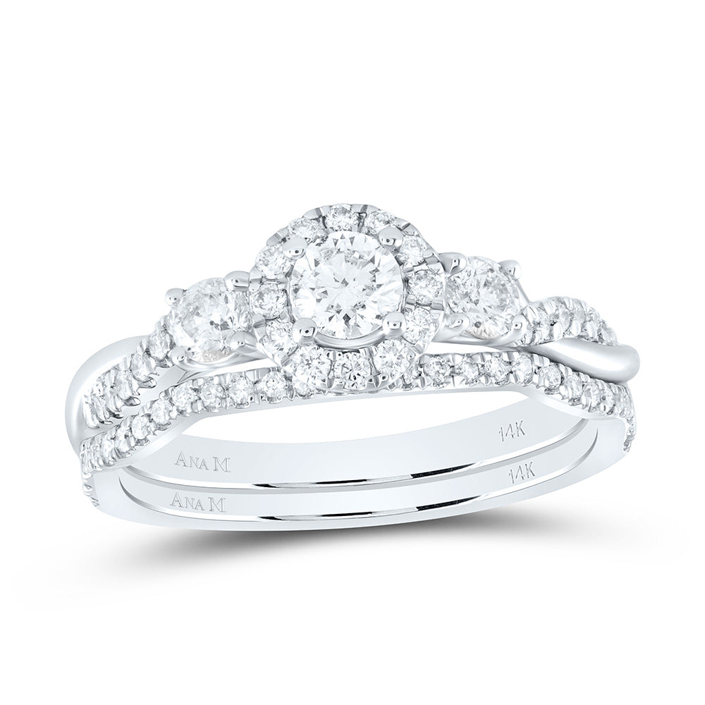 14kt White Gold Round Diamond Halo Bridal Wedding Ring Band Set 3/4 Cttw