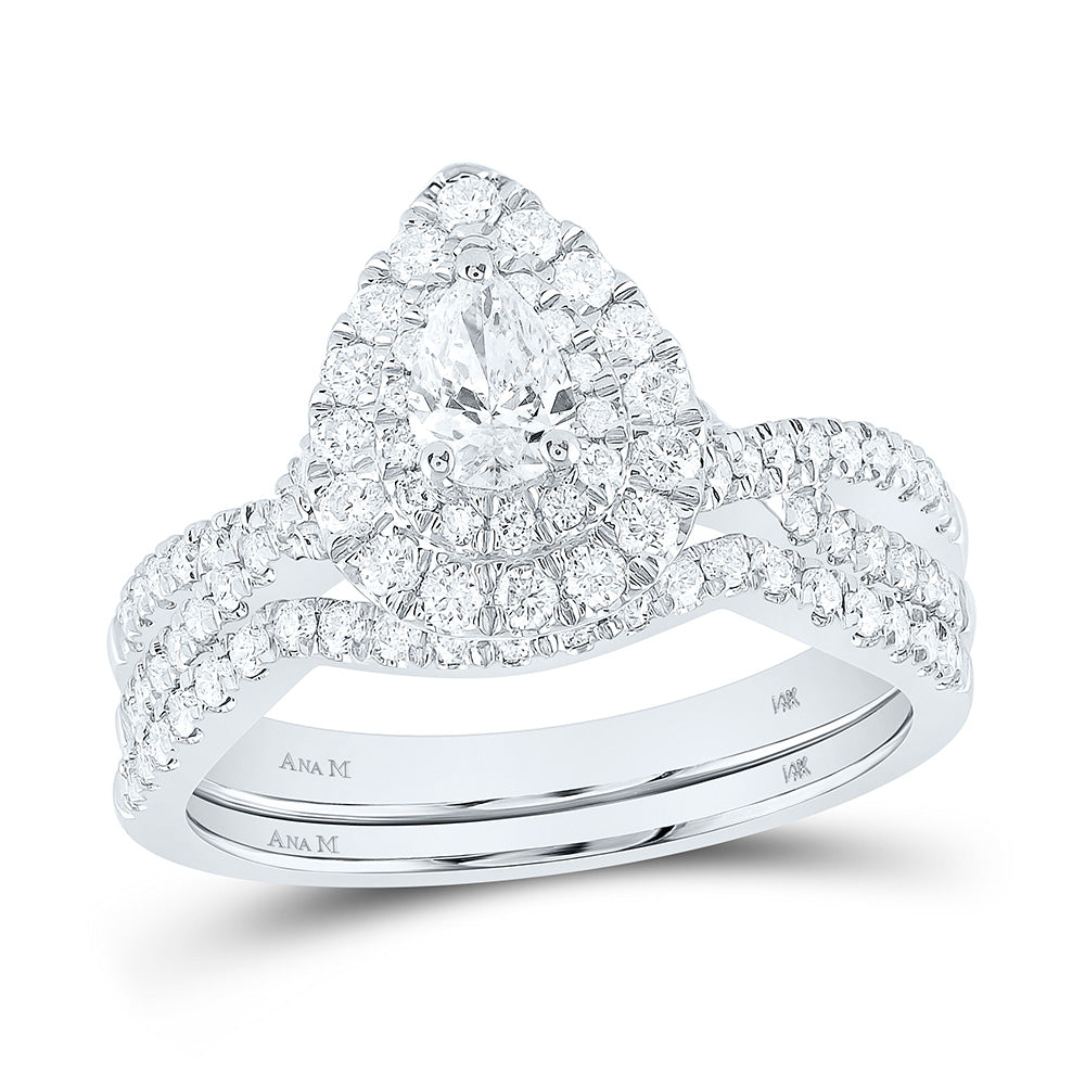 14kt White Gold Pear Diamond Halo Bridal Wedding Ring Band Set 1 Cttw