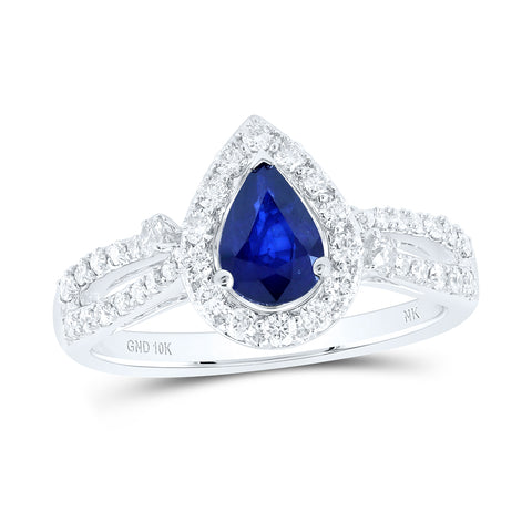 10kt White Gold Womens Pear Blue Sapphire Diamond Fashion Ring 1-1/4 Cttw