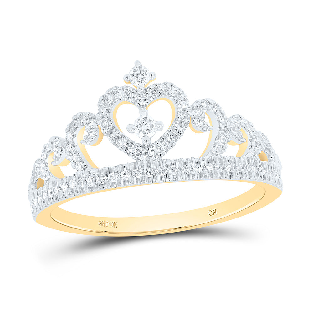 10kt Yellow Gold Womens Round Diamond Heart Crown Fashion Ring 1/4 Cttw