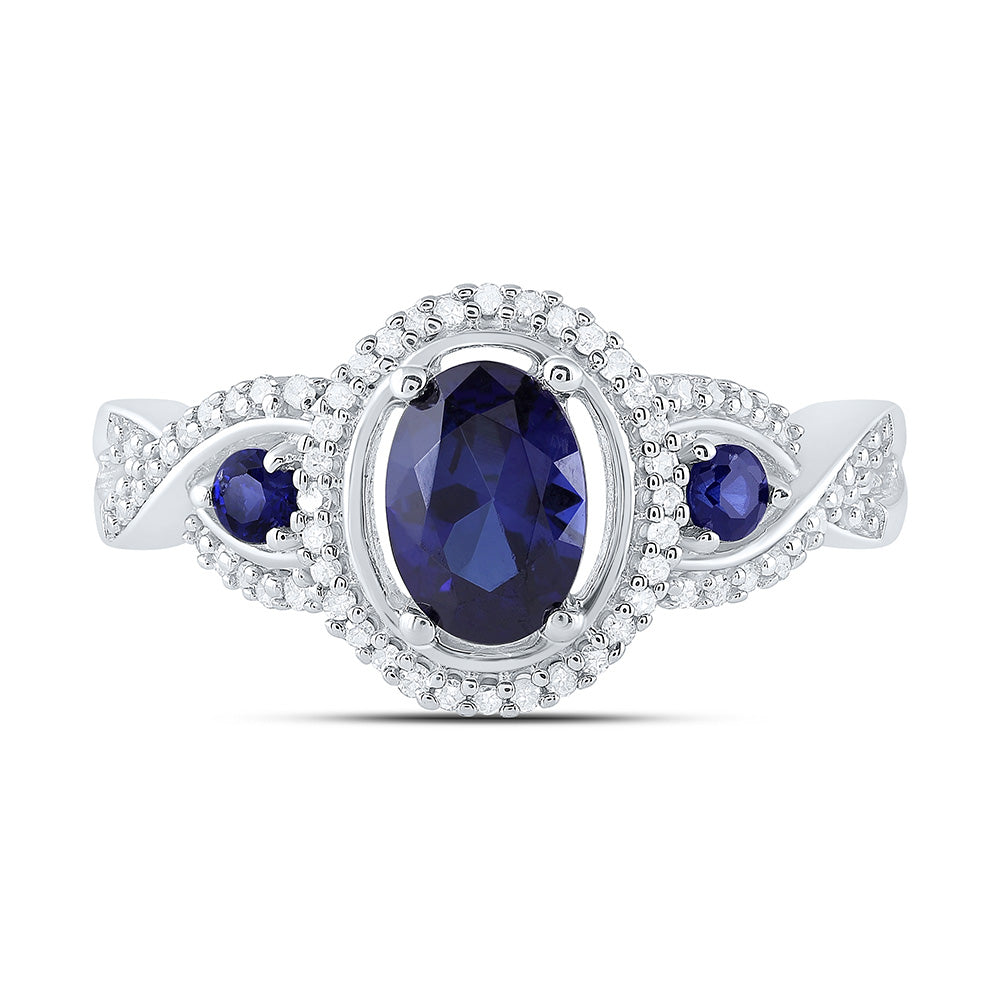 10kt White Gold Womens Oval Synthetic Blue Sapphire 3-stone Ring 1-1/2 Cttw