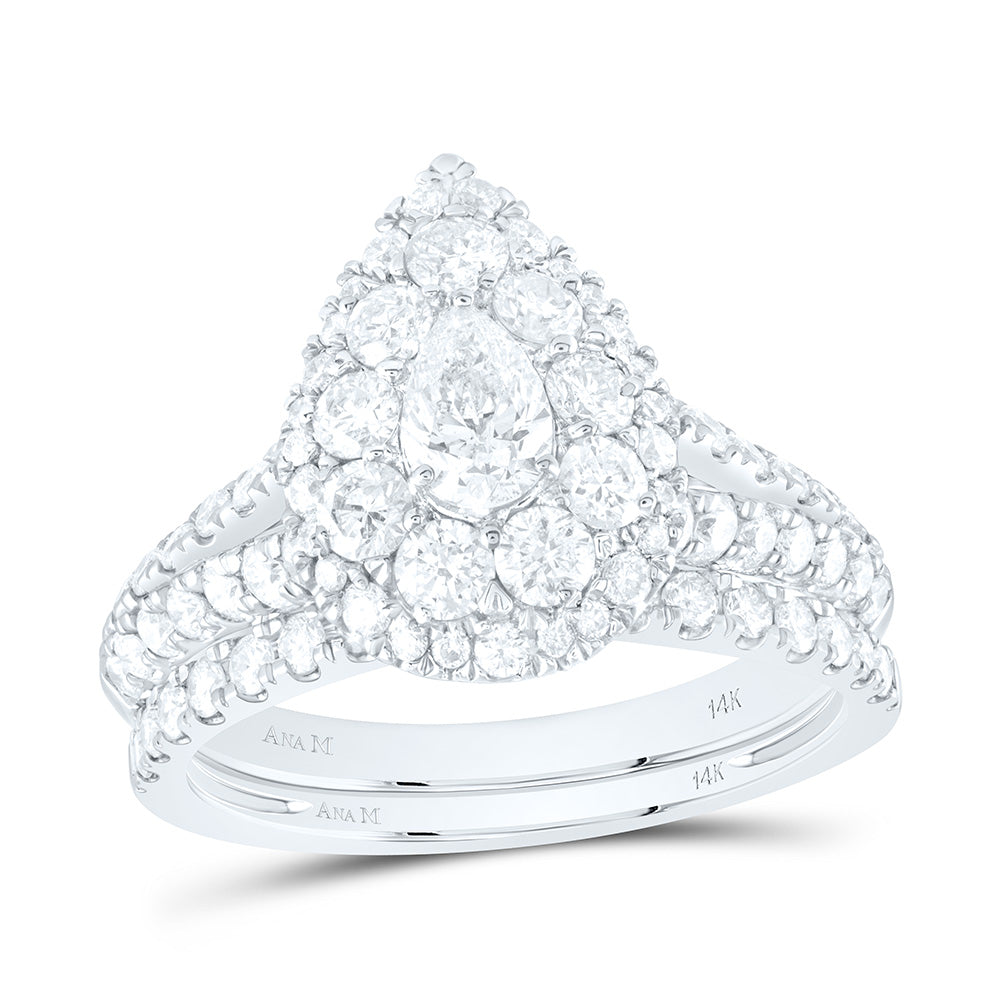 14kt White Gold Pear Diamond Halo Bridal Wedding Ring Band Set 1-3/4 Cttw