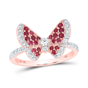 10kt Rose Gold Womens Round Ruby Diamond Butterfly Ring 5/8 Cttw