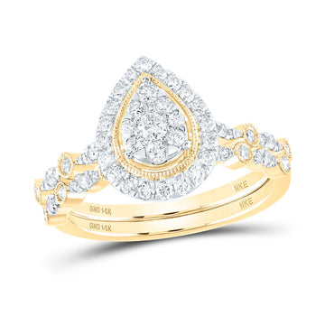14kt Yellow Gold Round Diamond Teardrop Bridal Wedding Ring Band Set 5/8 Cttw
