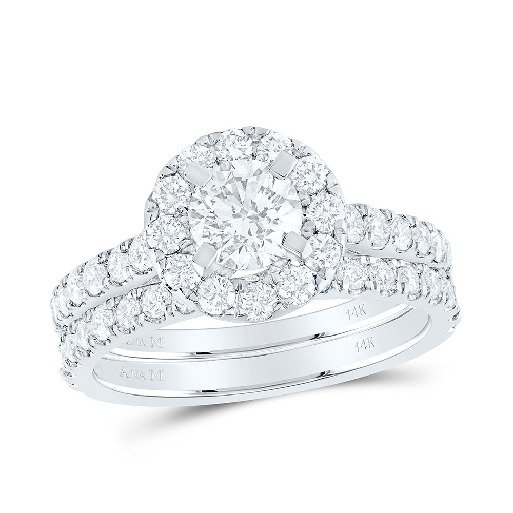 14kt White Gold Round Diamond Halo Bridal Wedding Ring Band Set 1-7/8 Cttw