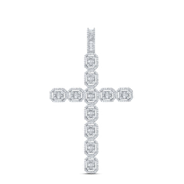 10kt White Gold Mens Baguette Diamond Cross Charm Pendant 2-1/3 Cttw