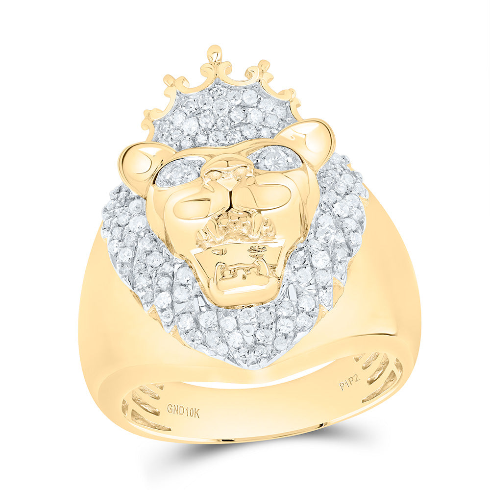 10kt Yellow Gold Mens Round Diamond Lion Fashion Ring 5/8 Cttw