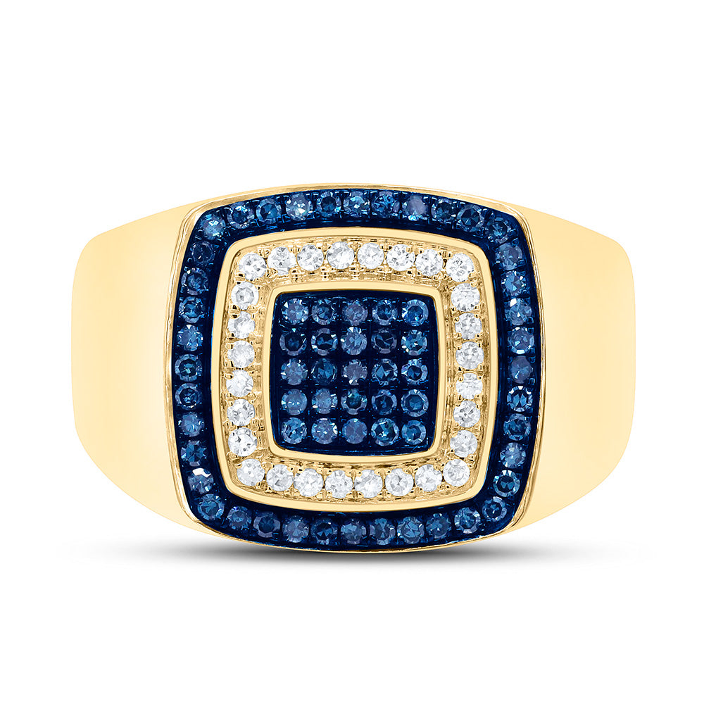 10kt Yellow Gold Mens Round Blue Color Treated Diamond Square Ring 3/4 Cttw