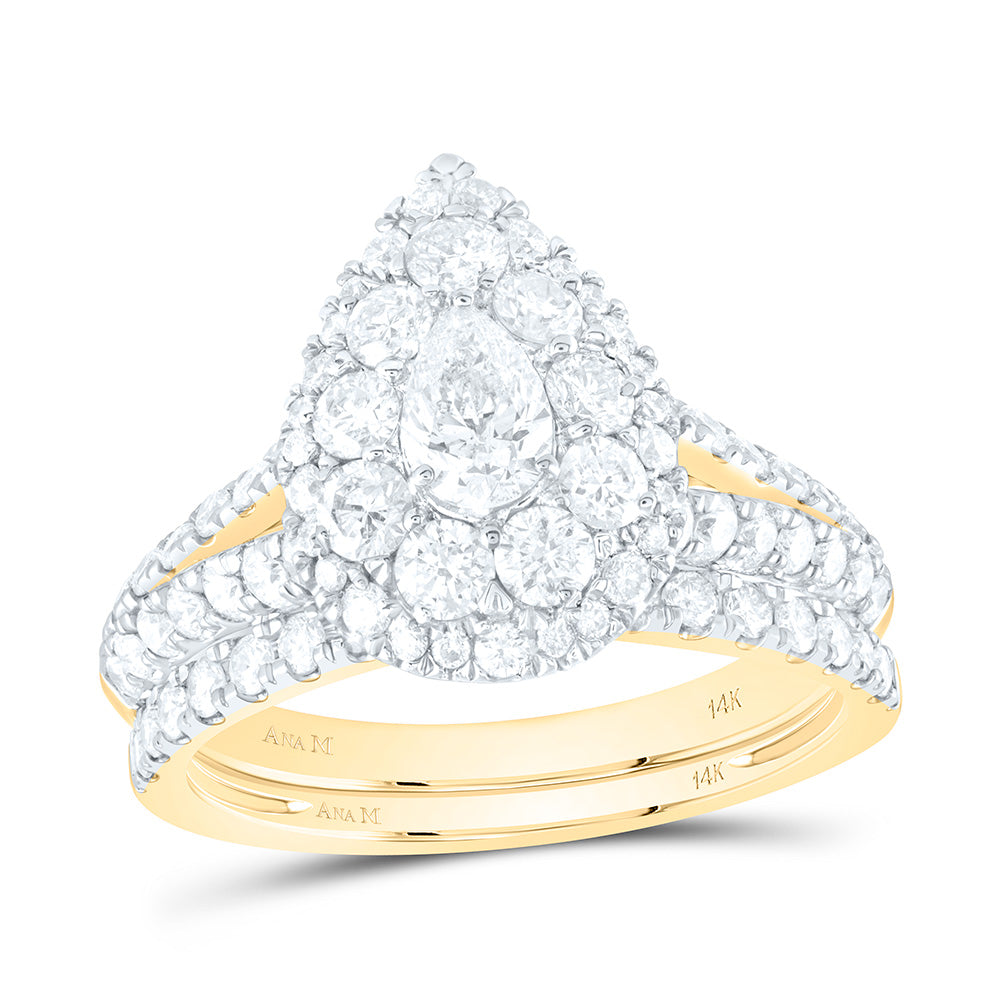 14kt Yellow Gold Pear Diamond Halo Bridal Wedding Ring Band Set 1-3/4 Cttw
