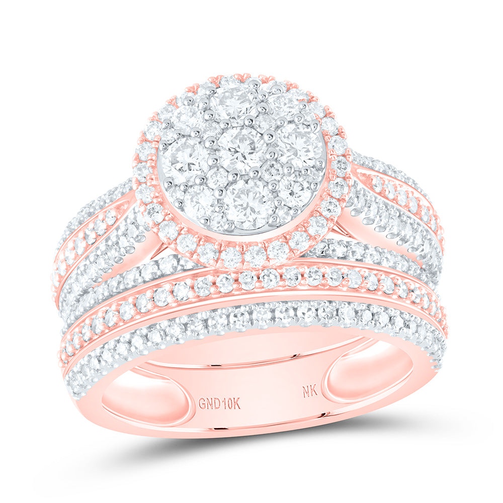 10kt Rose Gold Round Diamond Cluster Bridal Wedding Ring Band Set 1-1/2 Cttw