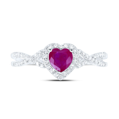 10kt White Gold Womens Heart Ruby Diamond Halo Ring 1 Cttw