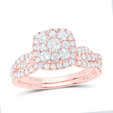 10kt Rose Gold Round Diamond Square Halo Bridal Wedding Ring Band Set 1 Cttw