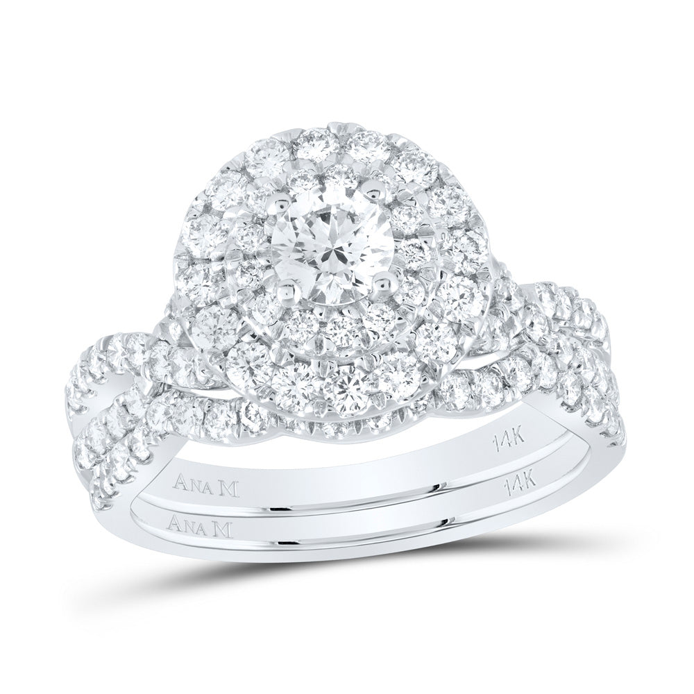 14kt White Gold Round Diamond Halo Bridal Wedding Ring Band Set 1-1/2 Cttw