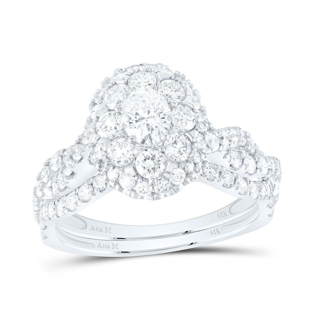 14kt White Gold Oval Diamond Halo Bridal Wedding Ring Band Set 1-3/4 Cttw