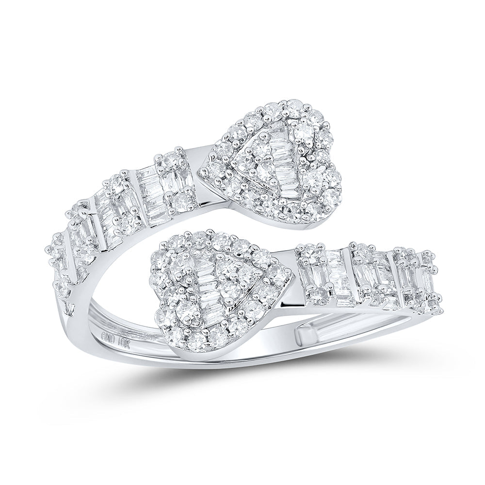 14kt White Gold Womens Baguette Diamond Cuff Bypass Heart Ring 5/8 Cttw