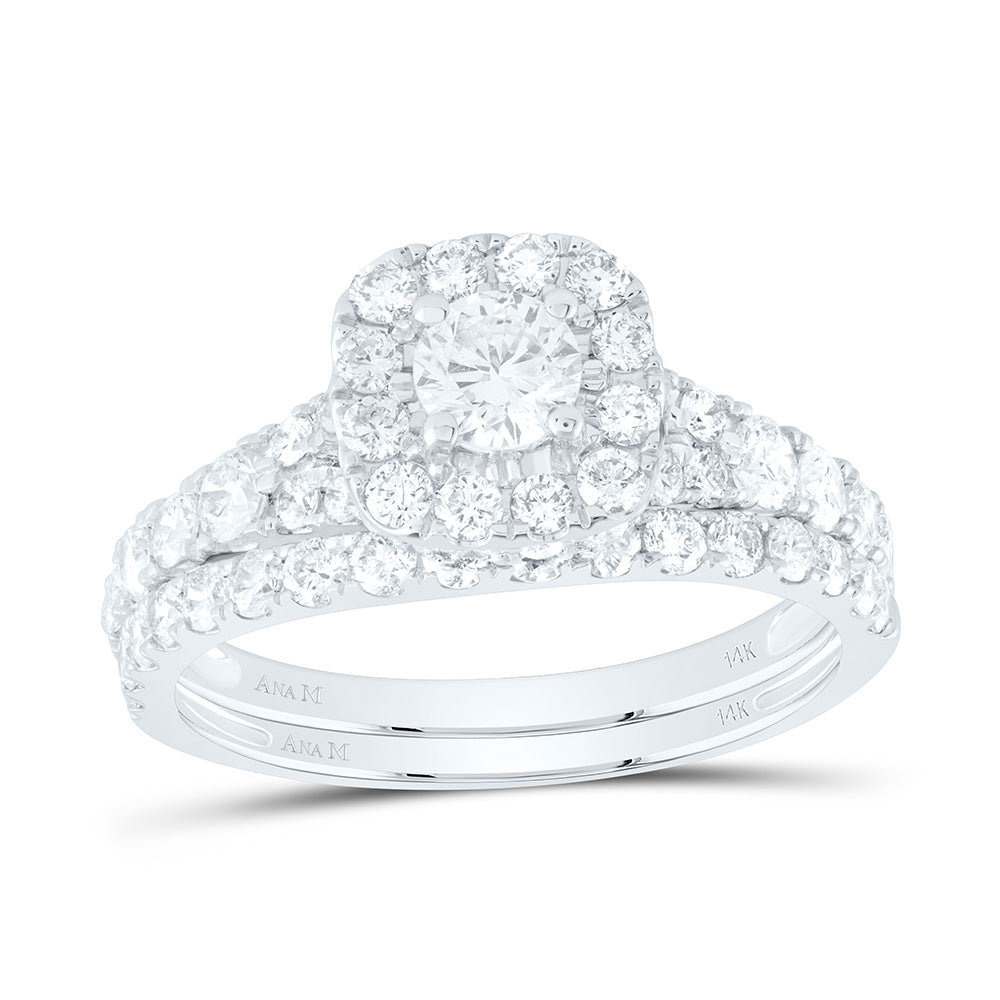 14kt White Gold Round Diamond Halo Bridal Wedding Ring Band Set 1-1/2 Cttw