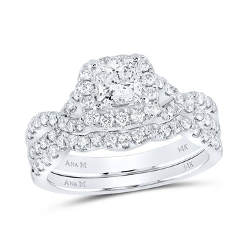 14kt White Gold Princess Diamond Halo Bridal Wedding Ring Band Set 1-1/2 Cttw