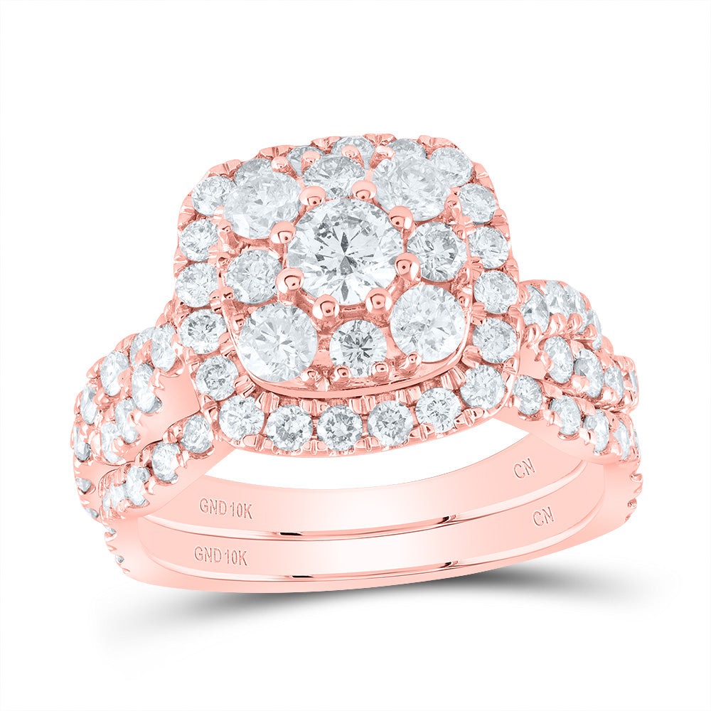 10kt Rose Gold Round Diamond Square Halo Bridal Wedding Ring Band Set 2 Cttw
