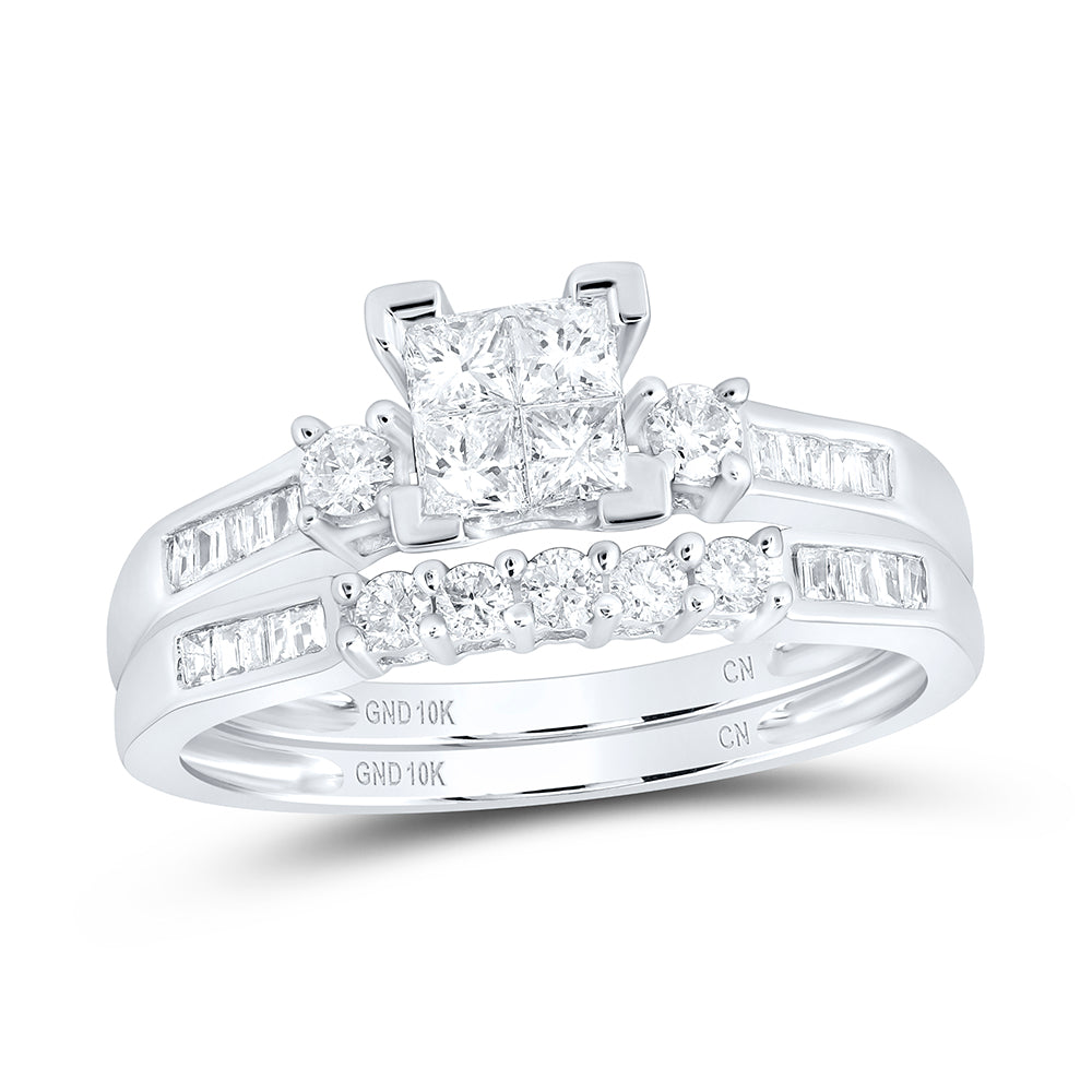 10kt White Gold Princess Diamond Bridal Wedding Ring Band Set 1/2 Cttw