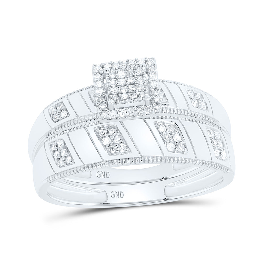Sterling Silver His Hers Round Diamond Square Matching Wedding Set 1/4 Cttw