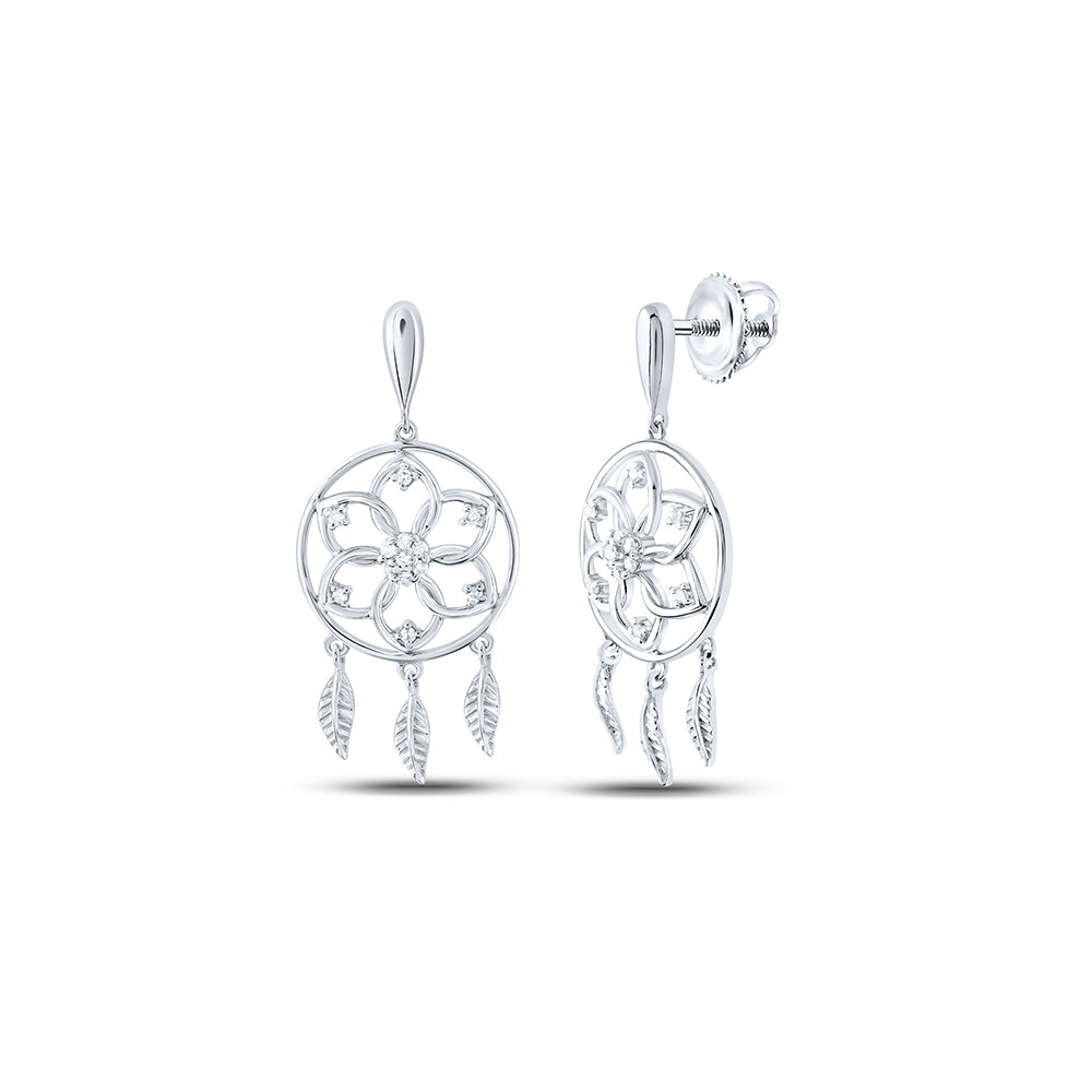 10kt White Gold Womens Round Diamond Dream Catcher Dangle Earrings 1/10 Cttw