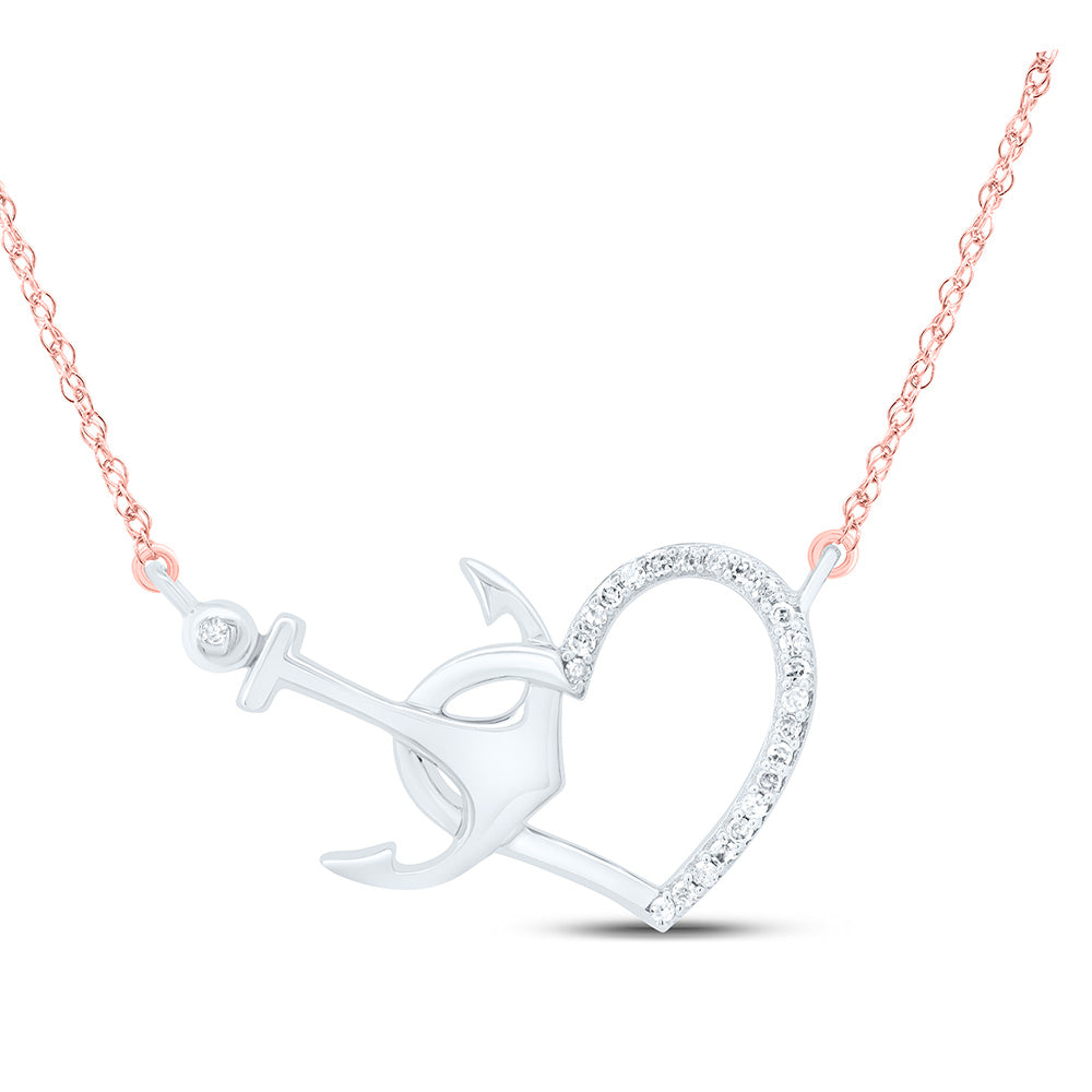 10kt White Gold Womens Round Diamond Heart & Anchor Pendant Necklace 1/12 Cttw