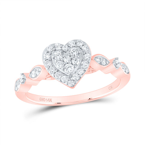 14kt Rose Gold Womens Round Diamond Heart Cluster Ring 1/3 Cttw