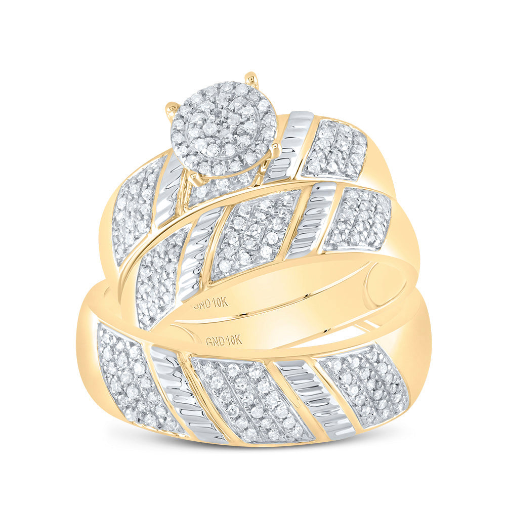 10kt Yellow Gold His Hers Round Diamond Cluster Matching Wedding Set 1/2 Cttw