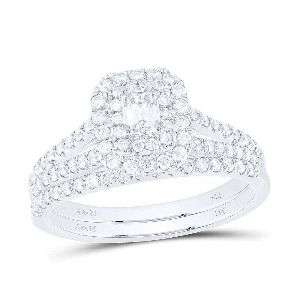 14kt White Gold Emerald Diamond Halo Bridal Wedding Ring Band Set 1 Cttw