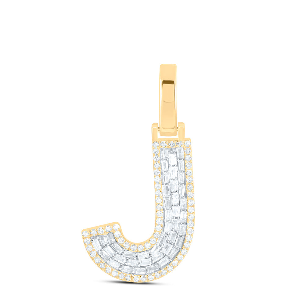 10kt Yellow Gold Mens Baguette Diamond J Initial Letter Charm Pendant 1/3 Cttw