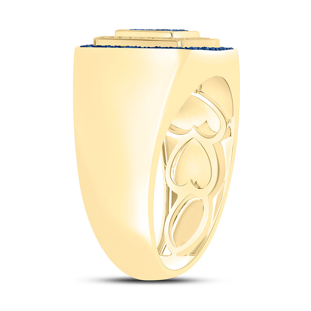 10kt Yellow Gold Mens Round Blue Color Treated Diamond Square Ring 3/4 Cttw