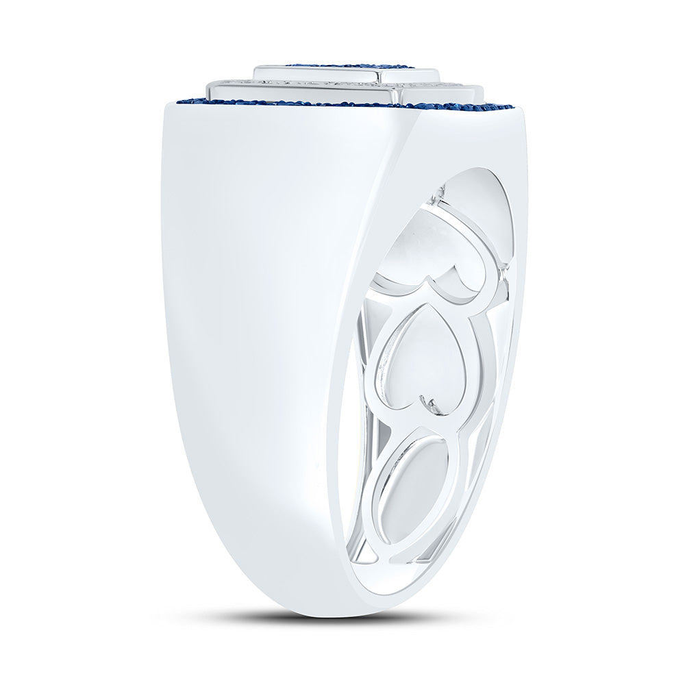 10kt White Gold Mens Round Blue Color Treated Diamond Square Ring 3/4 Cttw