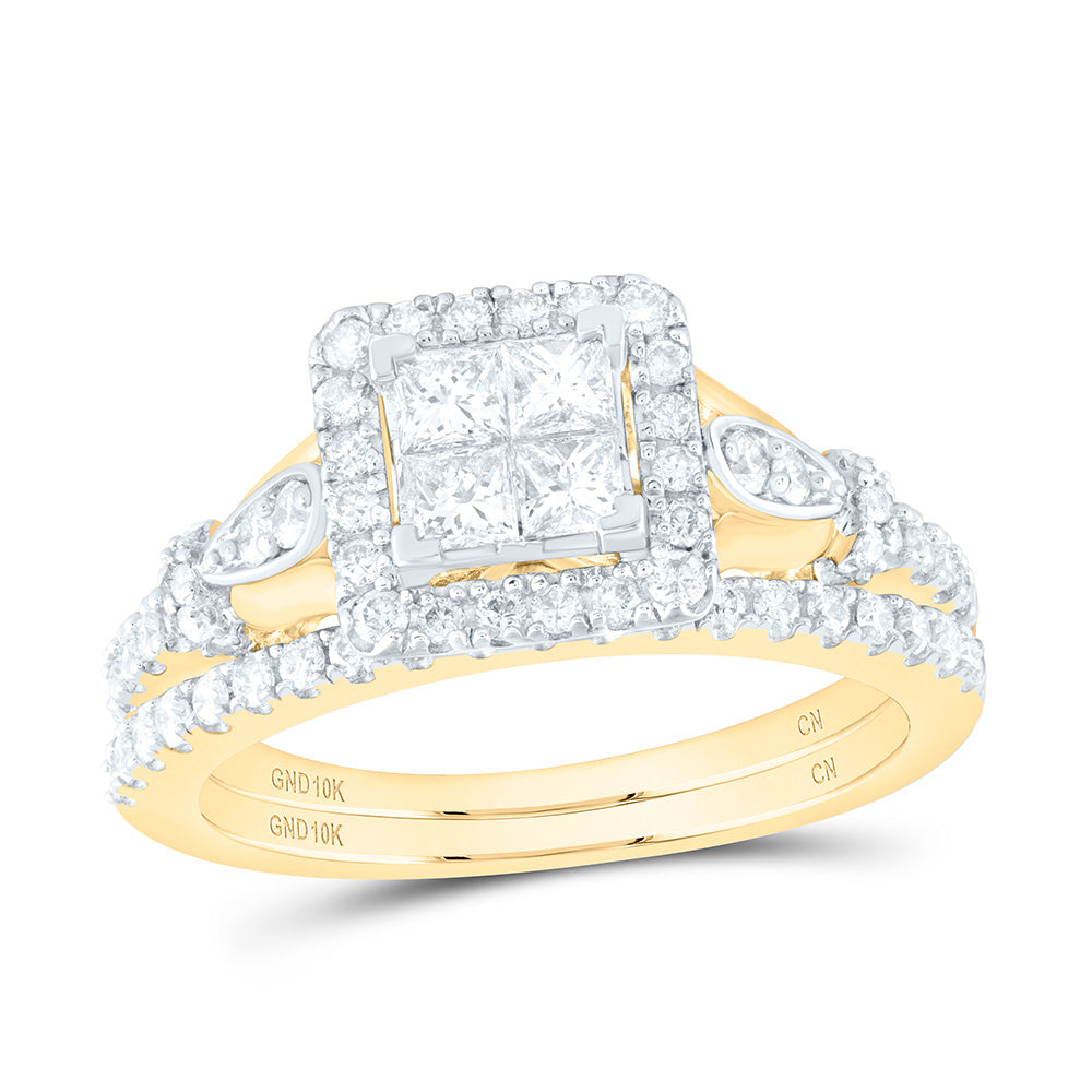 10kt Yellow Gold Princess Diamond Square Bridal Wedding Ring Band Set 7/8 Cttw