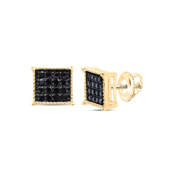 10kt Yellow Gold Round Black Color Enhanced Diamond Square Stud Earrings 1/10 Cttw