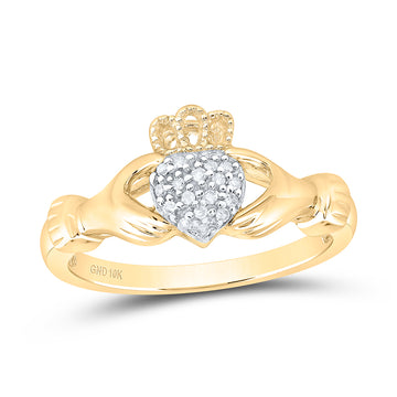 10kt Yellow Gold Womens Round Diamond Claddagh Hands & Heart Cluster Ring 1/20 Cttw