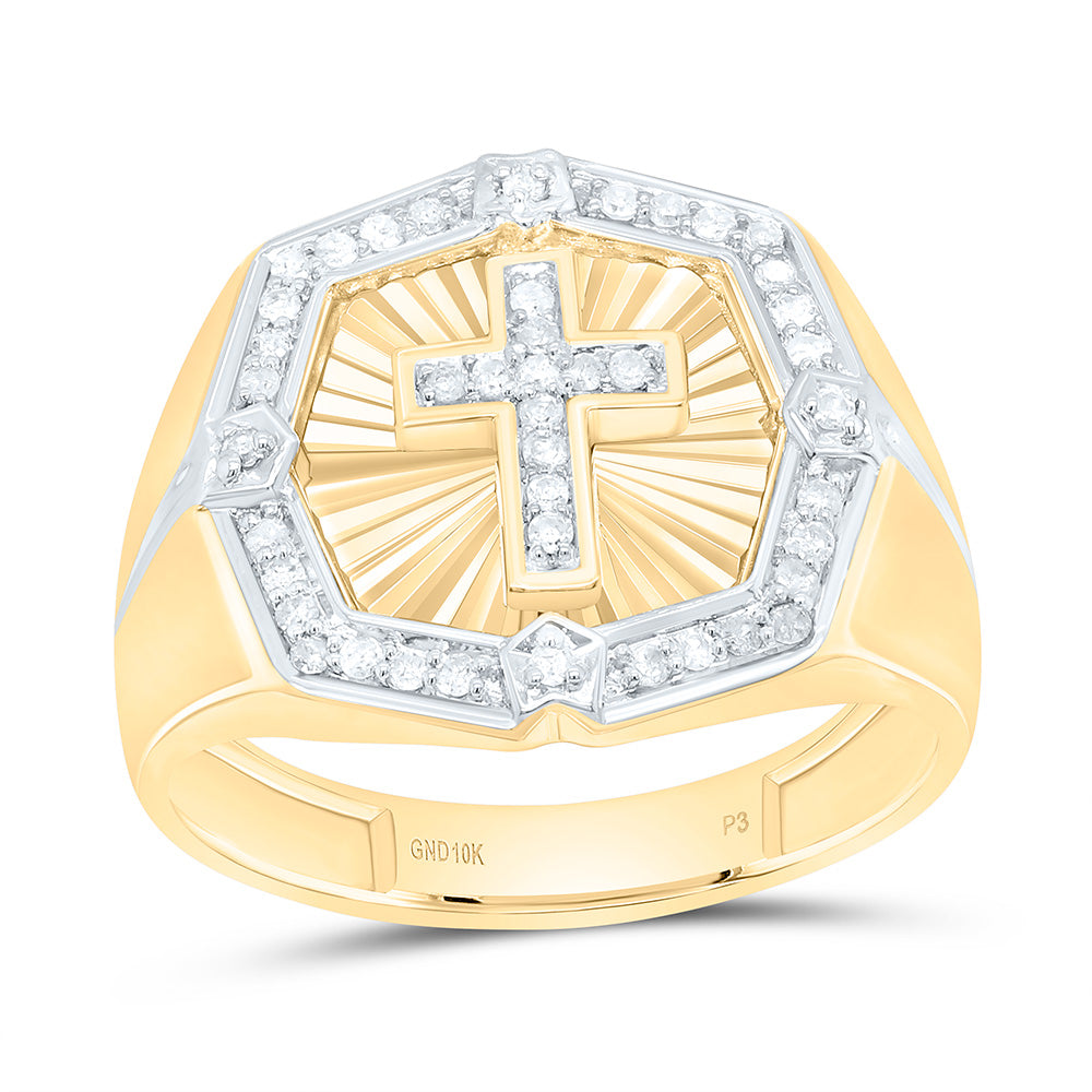 10kt Yellow Gold Mens Round Diamond Cross Ring 1/4 Cttw
