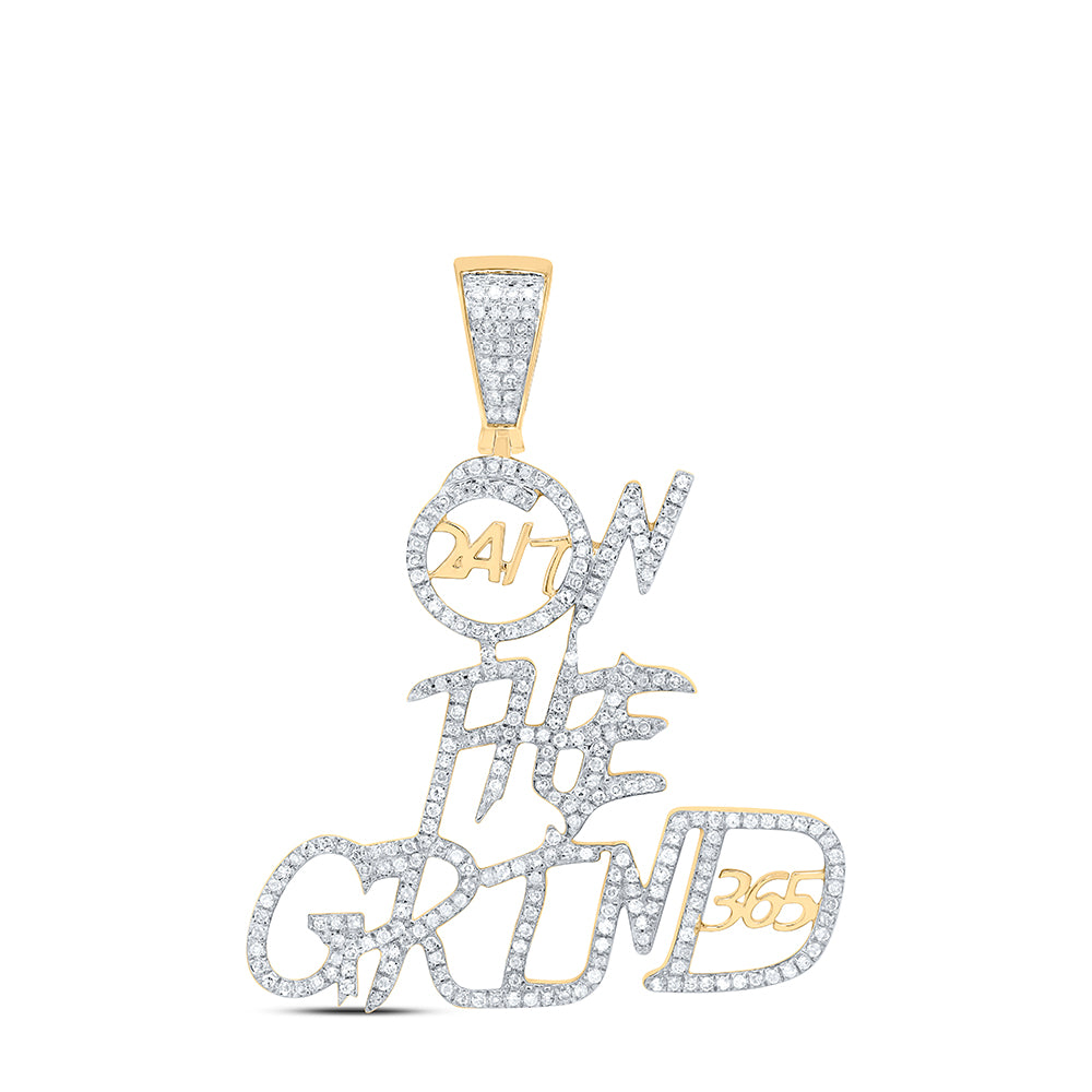 10kt Yellow Gold Mens Round Diamond On The Grind Phrase Charm Pendant 3/4 Cttw