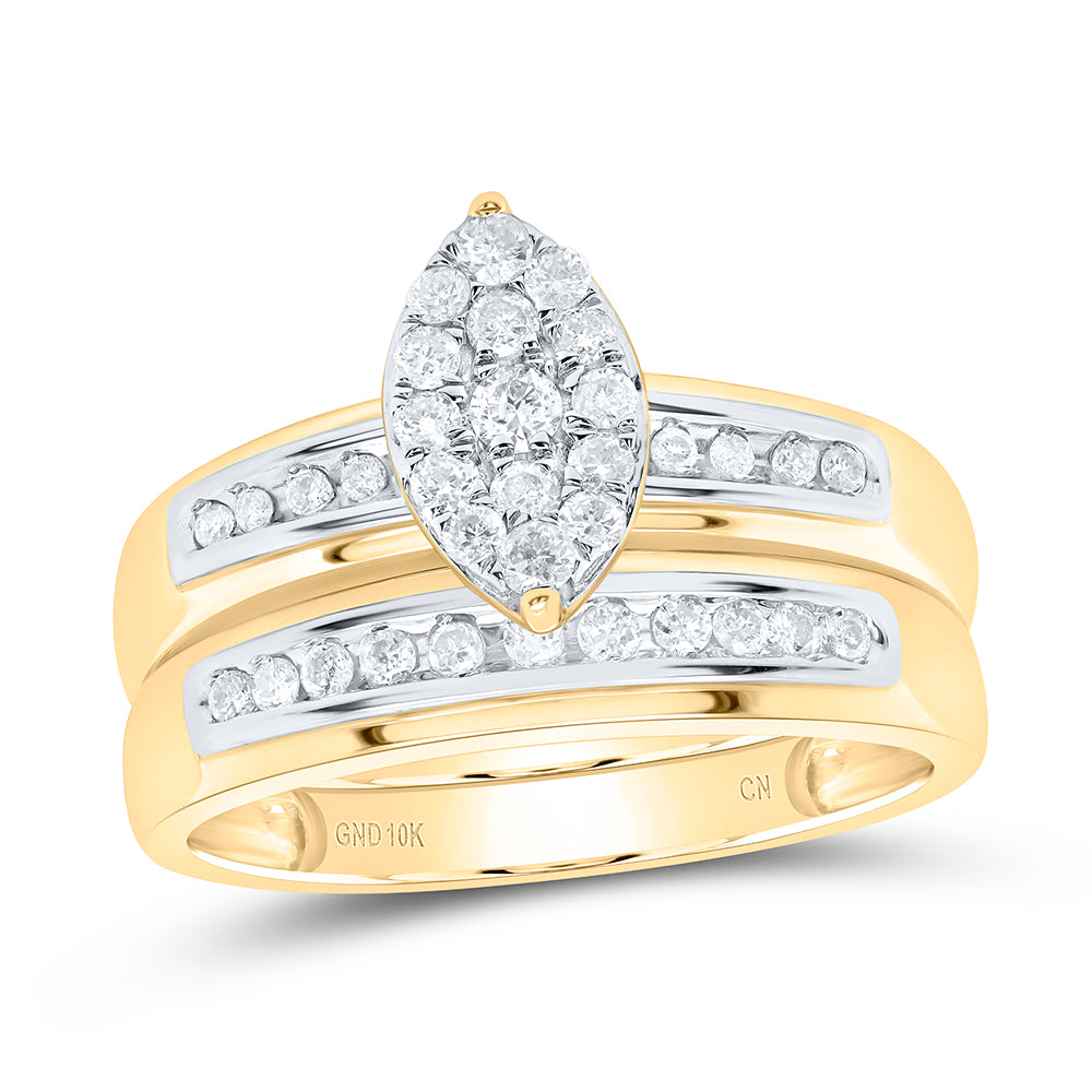 10kt Yellow Gold His Hers Round Diamond Cluster Matching Wedding Set 3/4 Cttw
