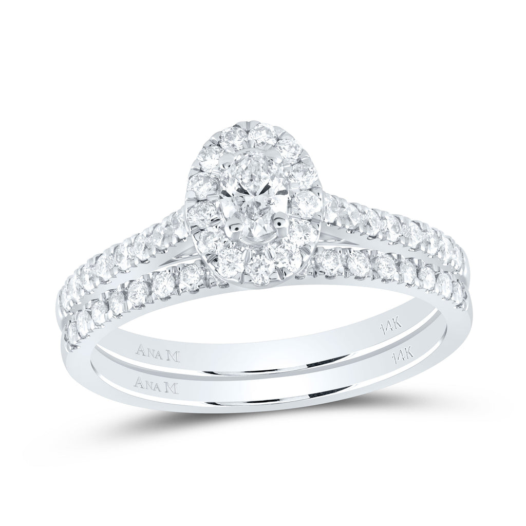 14kt White Gold Oval Diamond Bridal Wedding Ring Band Set 3/4 Cttw