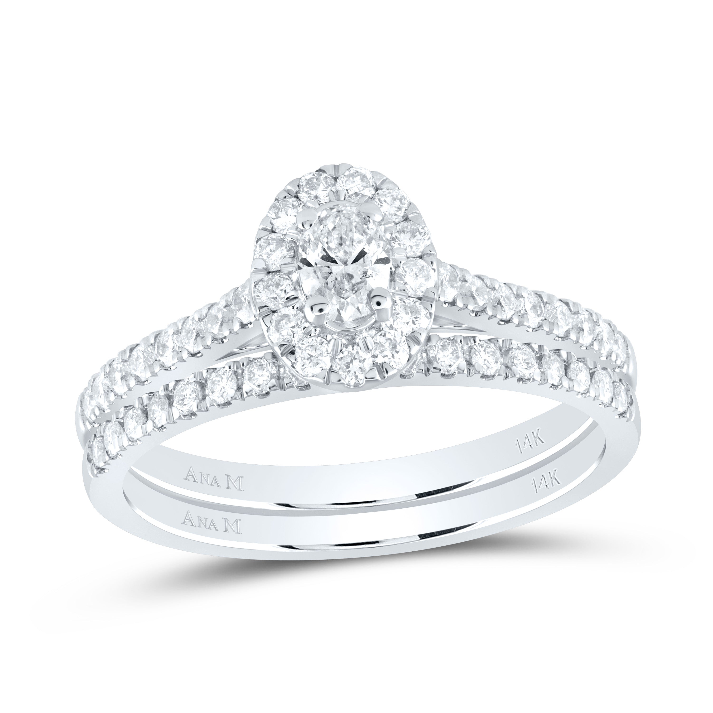 14kt White Gold Oval Diamond Bridal Wedding Ring Band Set 3/4 Cttw