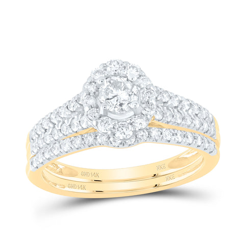 14kt Yellow Gold Round Diamond Halo Bridal Wedding Ring Band Set 1 Cttw