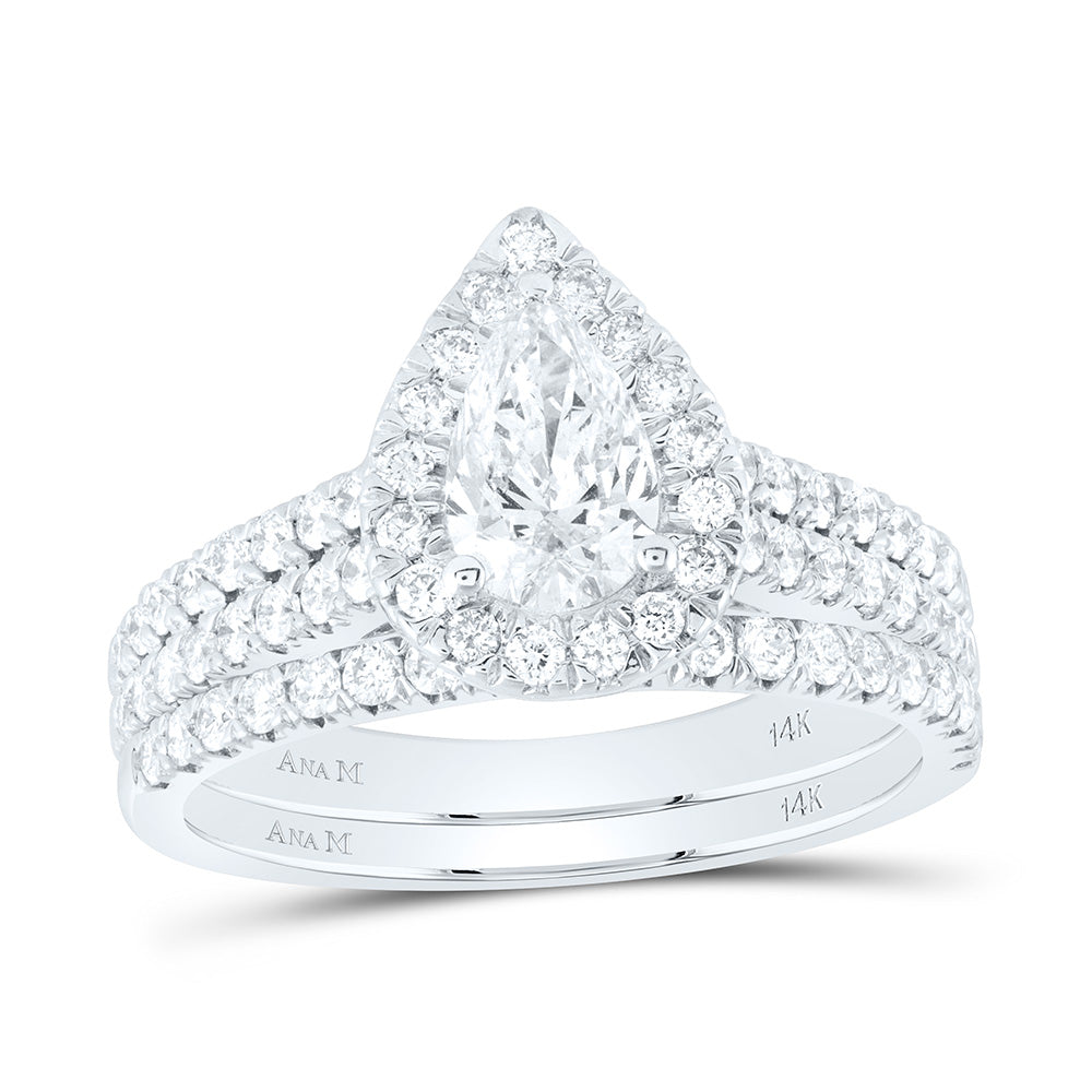 14kt White Gold Pear Diamond Halo Bridal Wedding Ring Band Set 1-1/2 Cttw