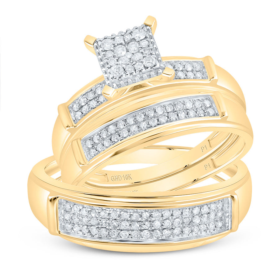 10kt Yellow Gold His Hers Round Diamond Square Matching Wedding Set 3/8 Cttw