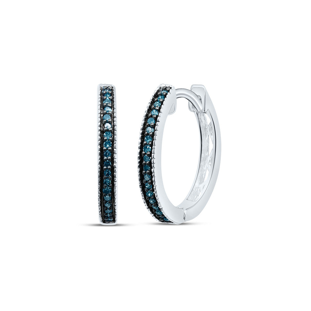 Sterling Silver Womens Round Blue Color Enhanced Diamond Single Row Hoop Earrings 1/10 Cttw