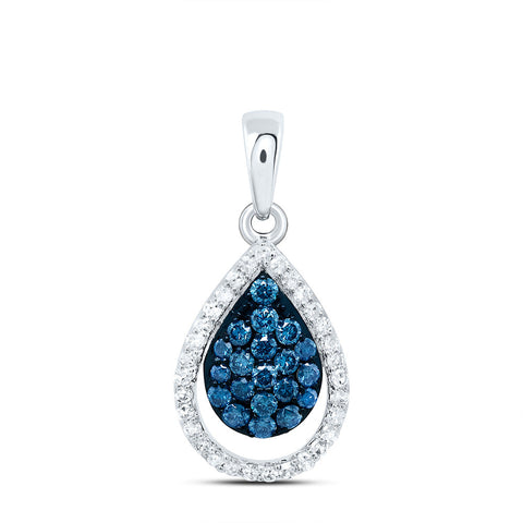 10kt White Gold Womens Round Blue Color Enhanced Diamond Teardrop Pendant 1/2 Cttw