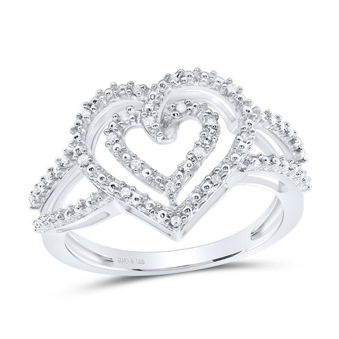 Sterling Silver Womens Round Diamond Nested Double Heart Ring 1/20 Cttw