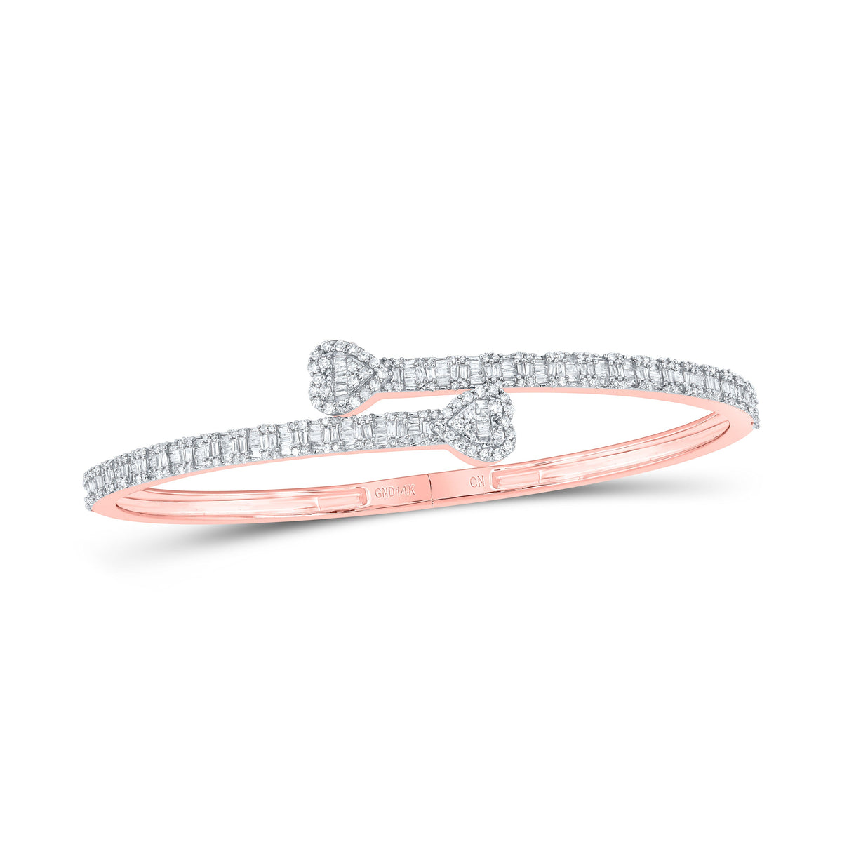 14kt Rose Gold Womens Baguette Diamond Heart Cuff Bangle Bracelet 1-1/2 Cttw