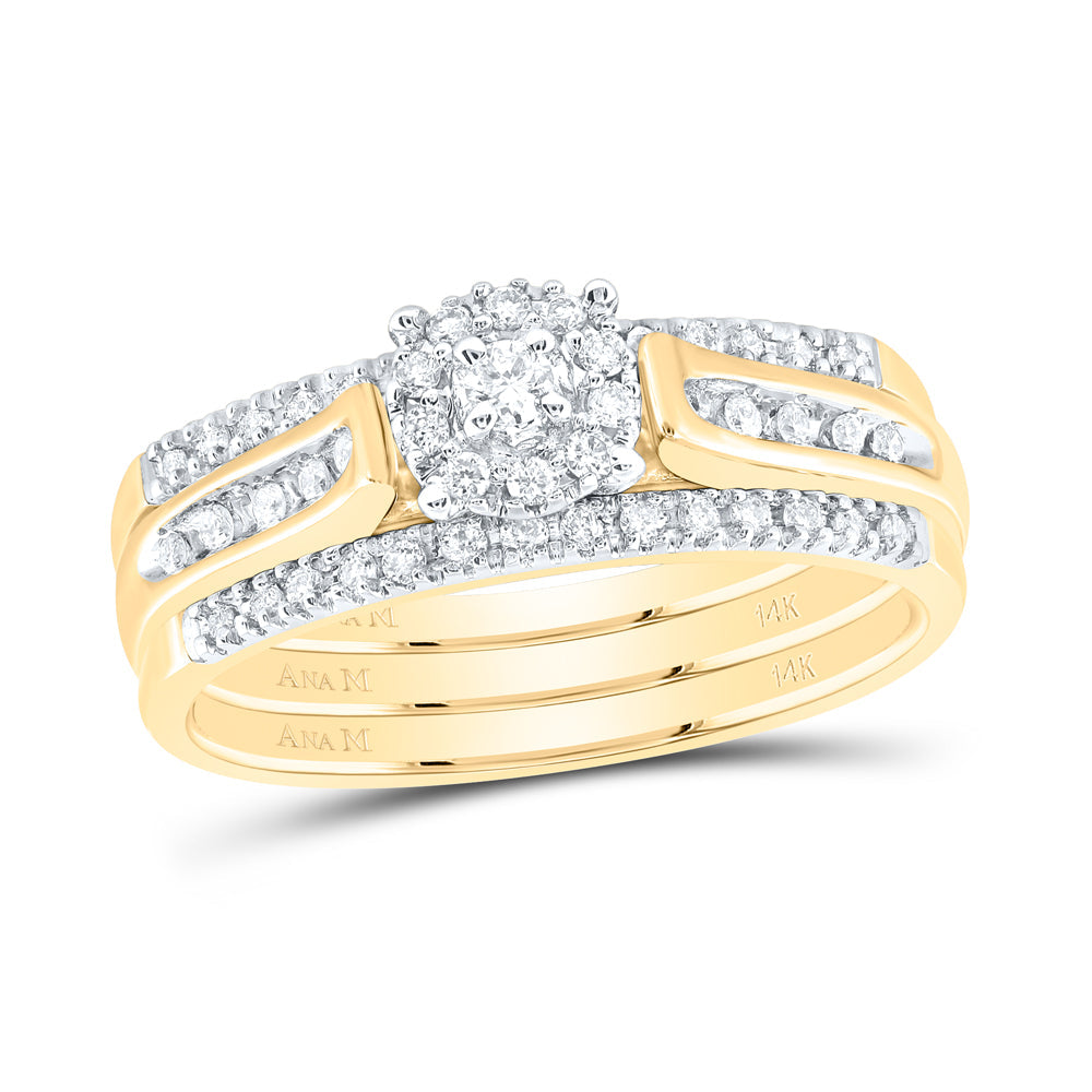 14kt Yellow Gold Round Diamond 3-Piece Bridal Wedding Ring Band Set 1/4 Cttw