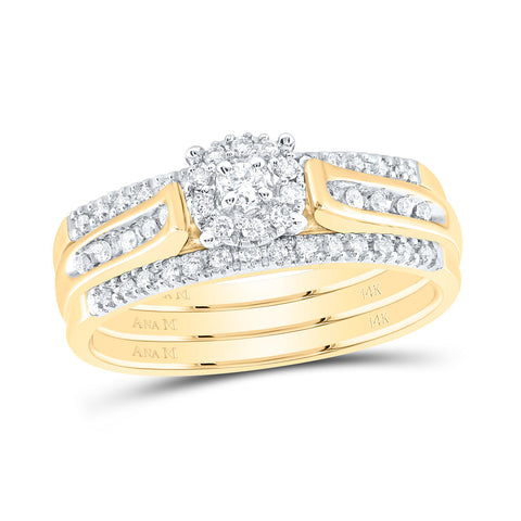 14kt Yellow Gold Round Diamond 3-Piece Bridal Wedding Ring Band Set 1/4 Cttw