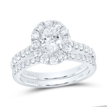 14kt White Gold Oval Diamond Bridal Wedding Ring Band Set 1-3/8 Cttw